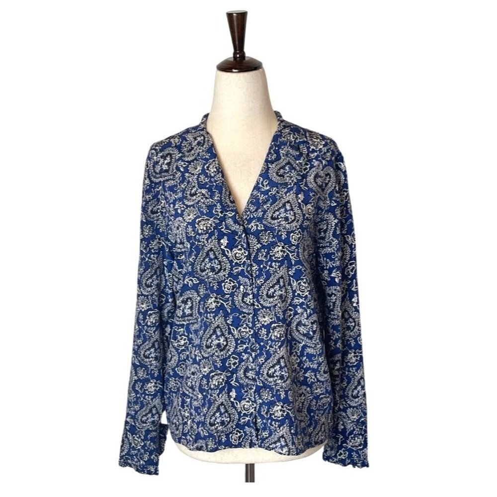 Tara Jarmon Blue Silk Floral Print Collared Button Down Ruffle Cuff‎ Blouse S